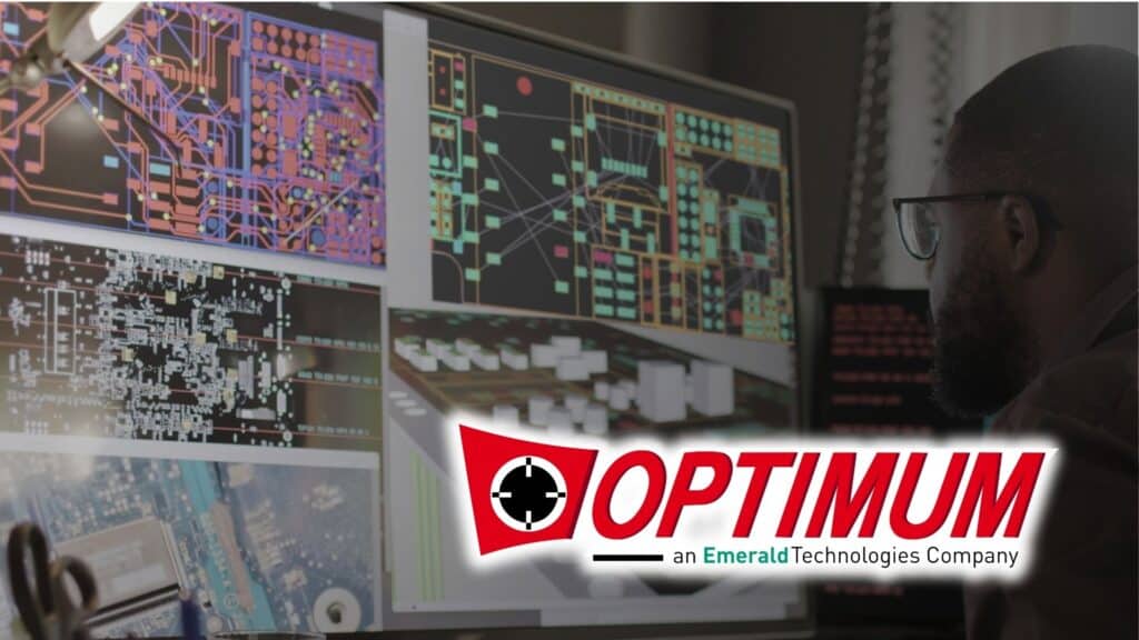 Optimum logo over person doing PCB design on a computer
